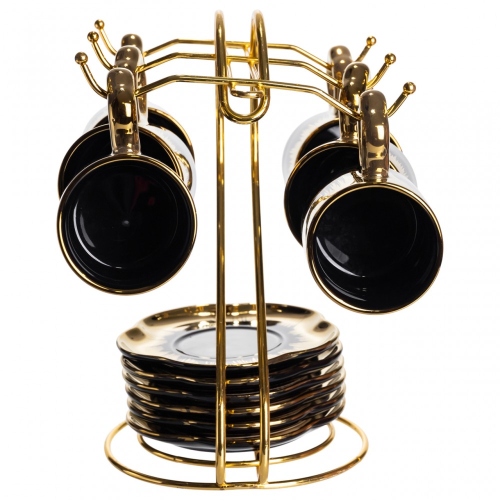Набор чашек для кофе на металлической подставке 6 (шт) по 100 (мл) Черный с золотом FM-47