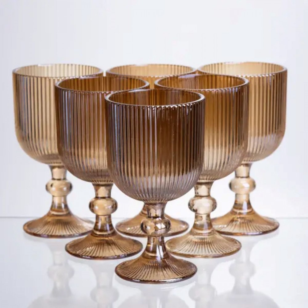 Набор бокалов для вина 6 штук по 300 мл ребристых из толстого стекла коричневый HP-19-225