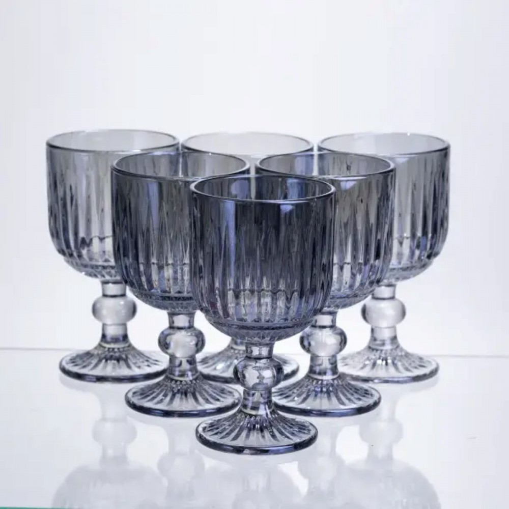 Набор бокалов для вина 6 штук по 220 мл ребристых из толстого стекла синий HP-19-238