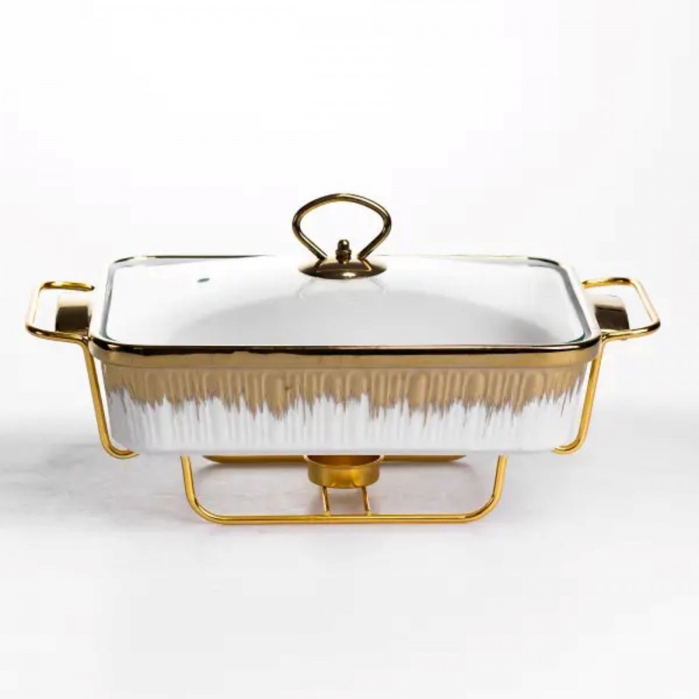 Мармитница фарфоровая 1.5 л на золотистой подставке с подогревом 35.5х19х15.5 см ML-860-13