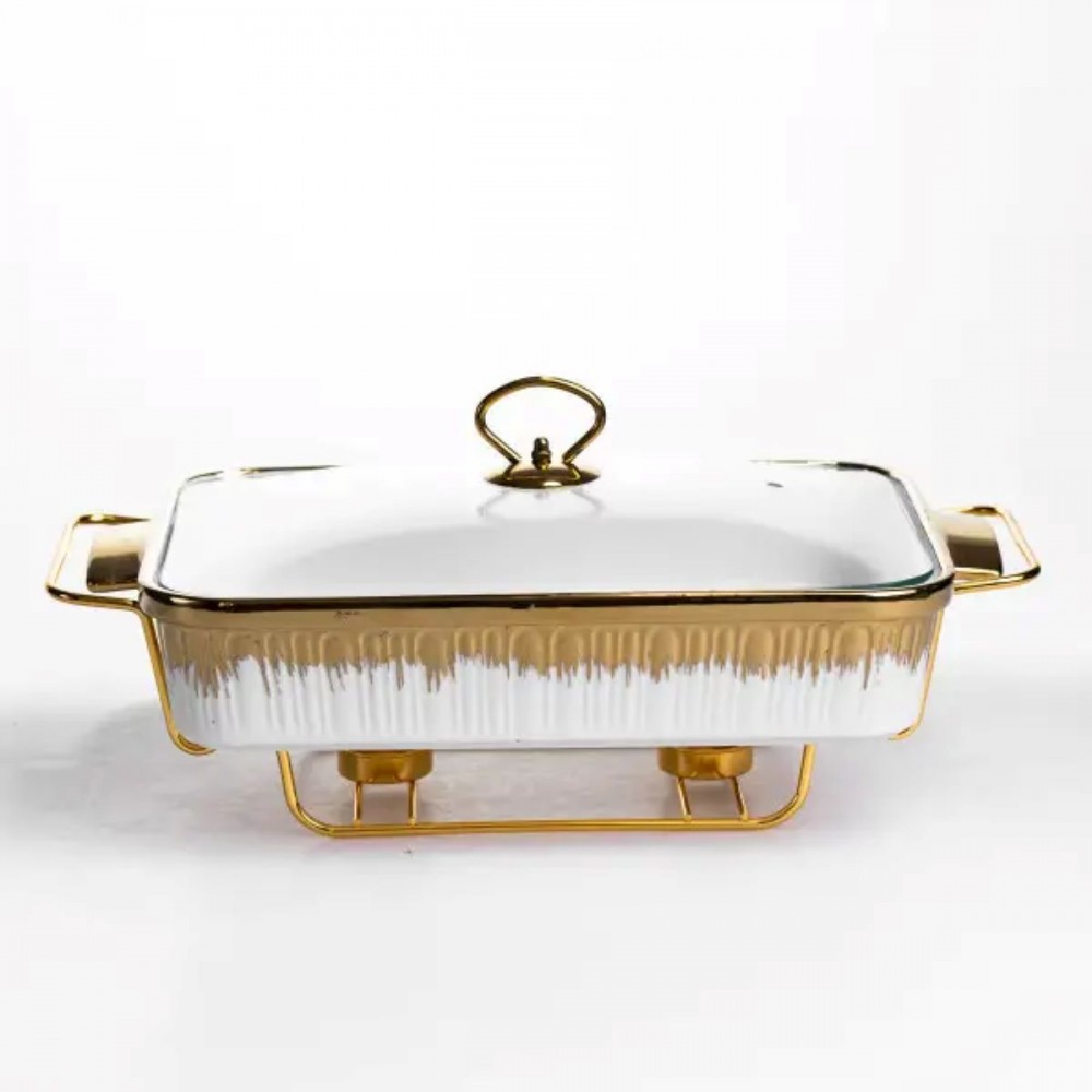 Мармитница фарфоровая 2 л на золотистой подставке с подогревом 40х22.5х15.5 см ML-860-15