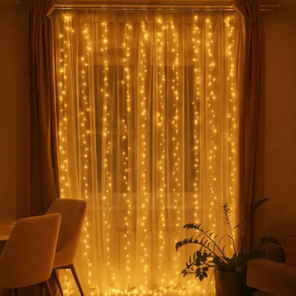 Новогодняя гирлянда комнатная штора роса Хвойная лапа 3х3 м 600 LED Желтый свет D600LED3MY