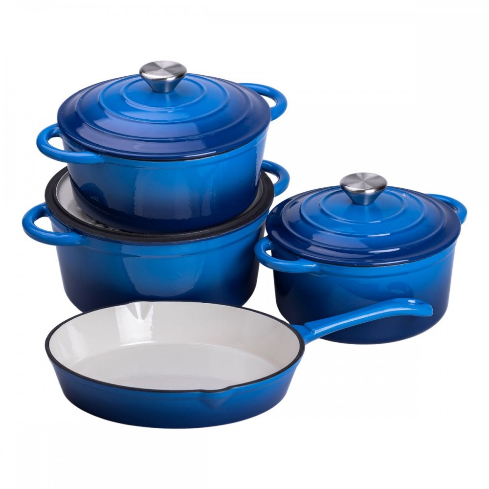 Набор чугунной посуды для приготовления 3 кастрюли и сковорода с эмалированным покрытием Синий HP-1-8