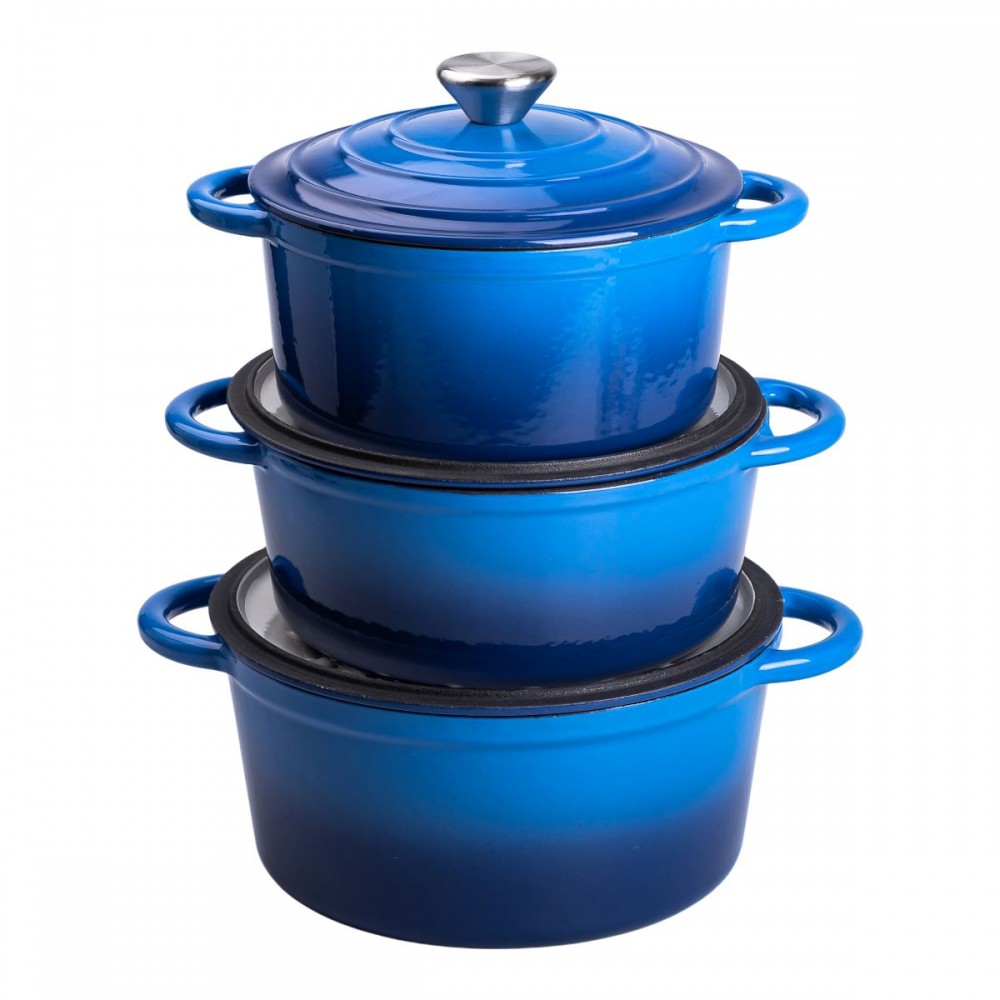 Набор чугунной посуды для приготовления 3 кастрюли и сковорода с эмалированным покрытием Синий HP-1-8
