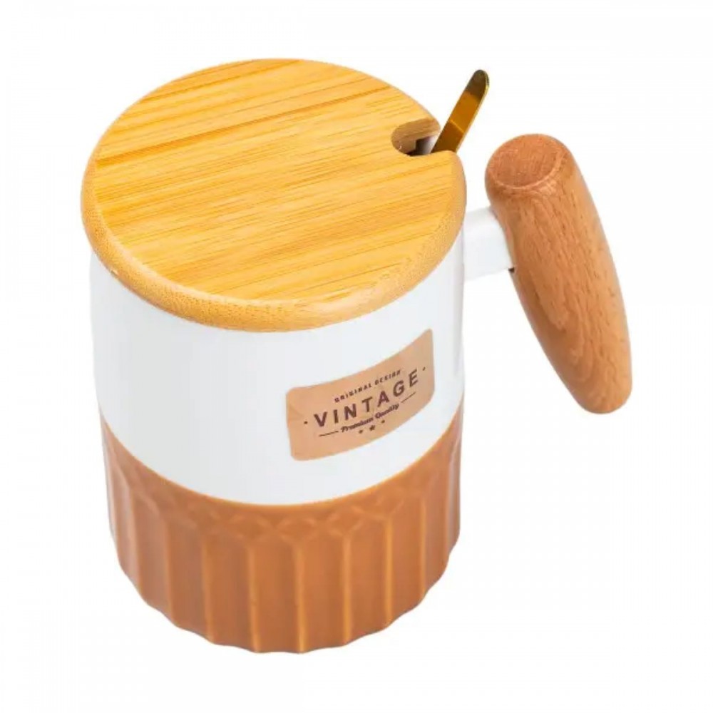 Чашка порцелянова з бамбуковою кришкою та ручкою 400 мл Коричнева HP7204BR