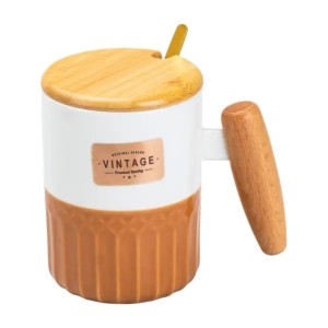 Чашка фарфоровая с бамбуковой крышкой и ручкой 400 мл Коричневая HP7204BR