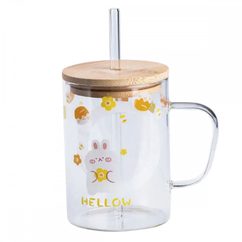 Чашка скляна з дерев'яною кришкою та трубочкою HP7214C