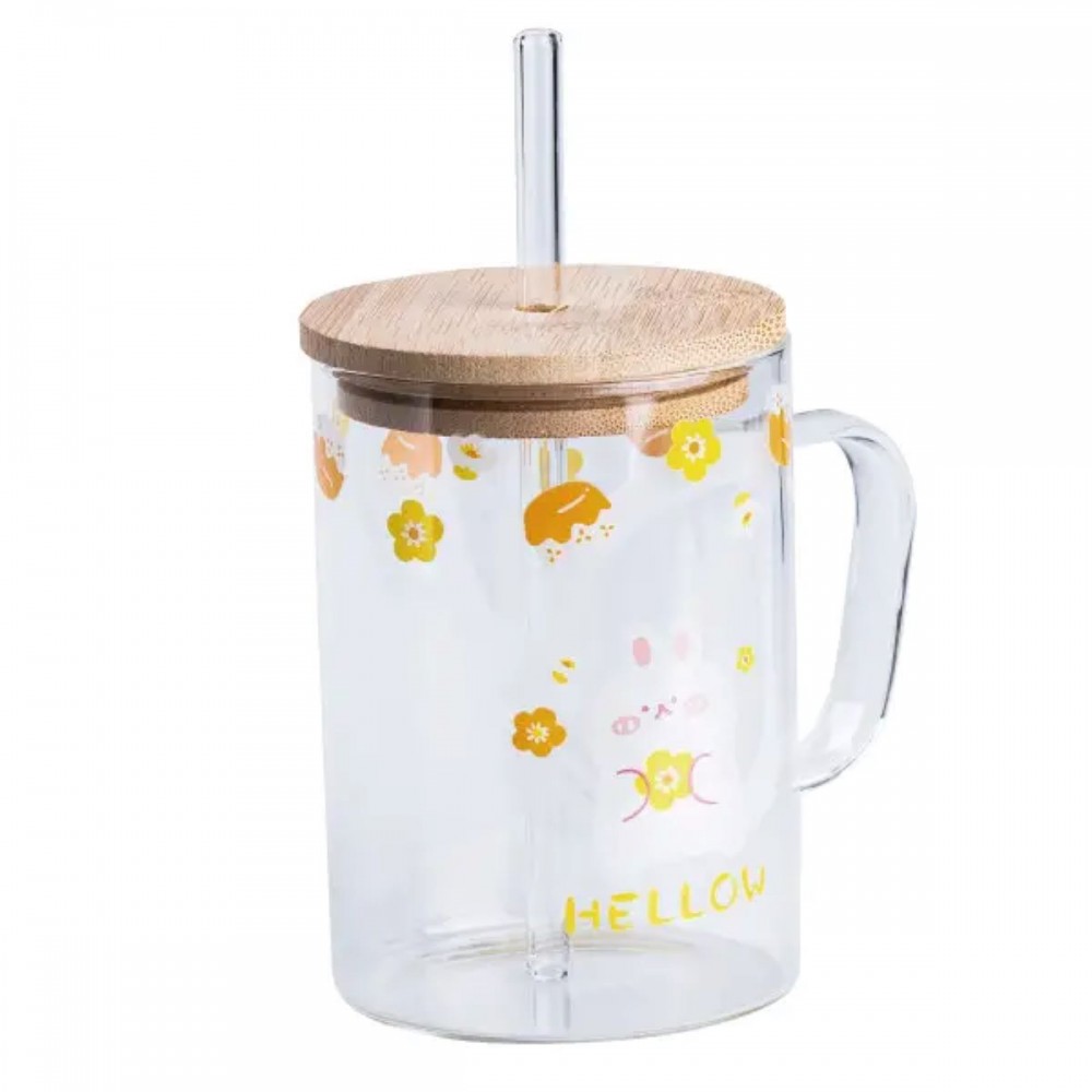 Чашка скляна з дерев'яною кришкою та трубочкою HP7214C