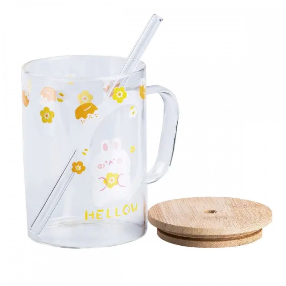 Чашка скляна з дерев'яною кришкою та трубочкою HP7214C