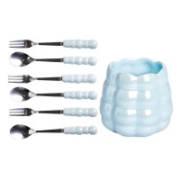 Набір десертних виделок і ложок на 3 персони з підставкою з кераміки 7 предметів Блакитний HP-20-57