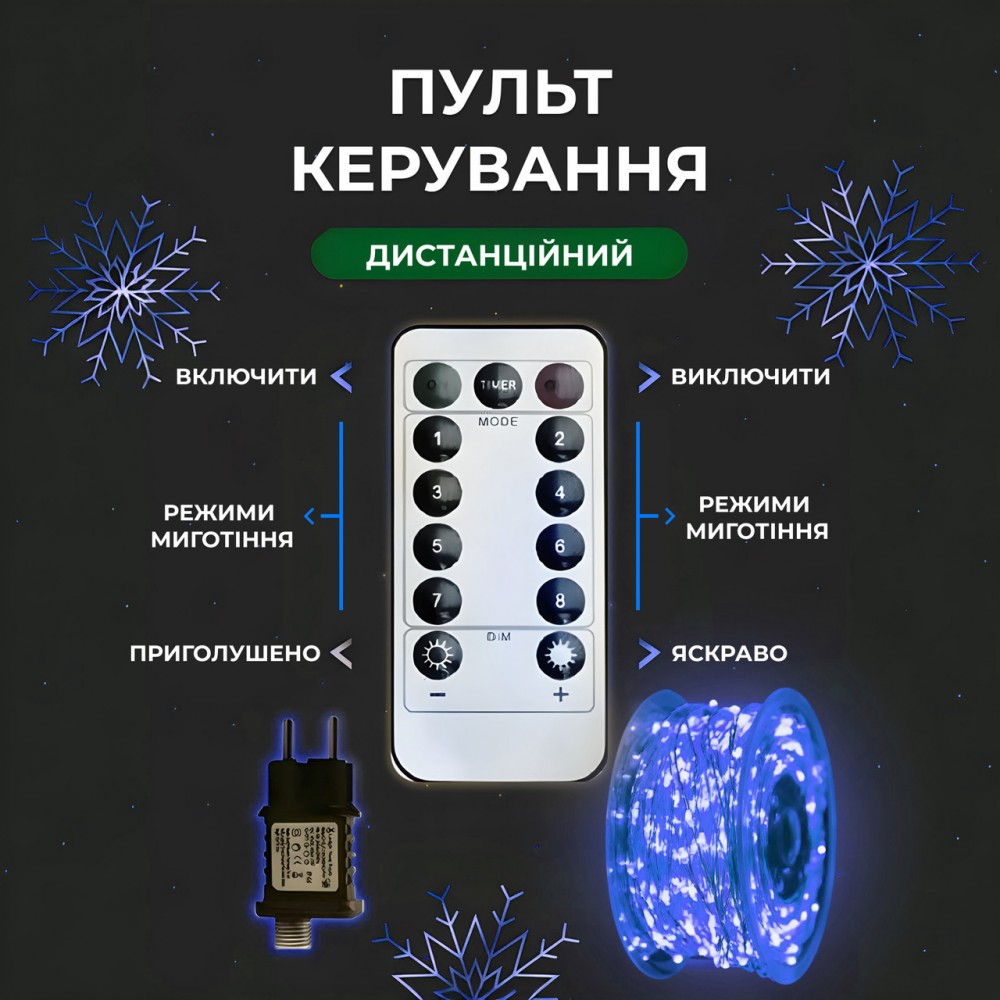 Гирлянда роса на пульте 50 метров на 500 led светодиодов капля белый провод синяя