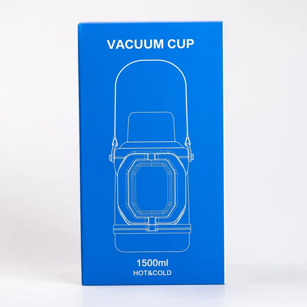 Термос Vacuum Cup 1.5 литра с ремешком и складной ручкой теино-синий