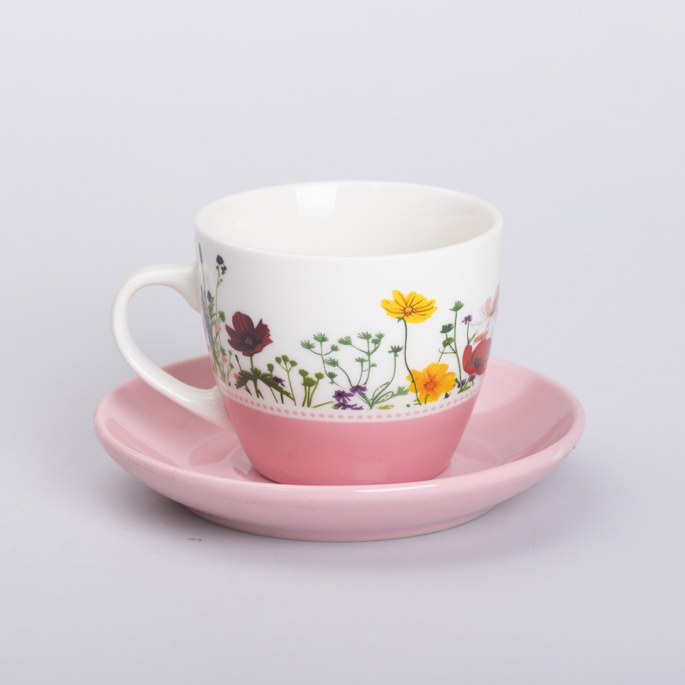 Керамическая чашка с блюдцем 250 (мл) для чая и кофе Розовая