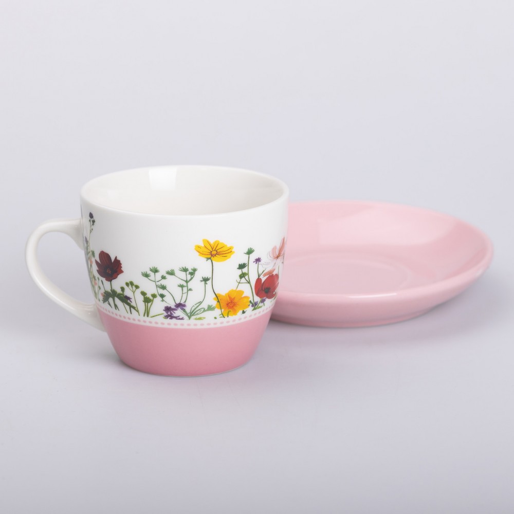 Керамическая чашка с блюдцем 250 (мл) для чая и кофе Розовая