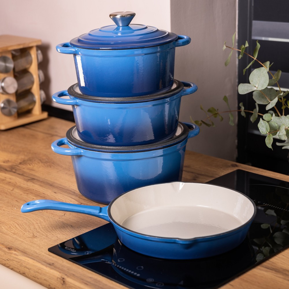 Набор чугунной посуды для приготовления 3 кастрюли и сковорода с эмалированным покрытием Синий HP-1-8