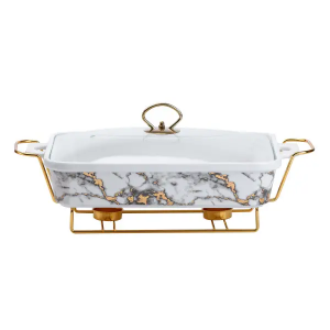 Настольная мармитница 2 литра мармит прямоугольный фарфоровый 40х23х11 см для вторых блюд Мрамор HP1033
