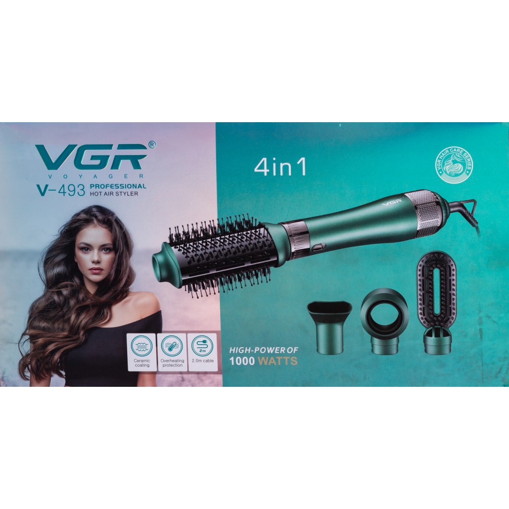 Фен-щітка 4в1 з насадками, 1000 Вт професійний VGR V-493