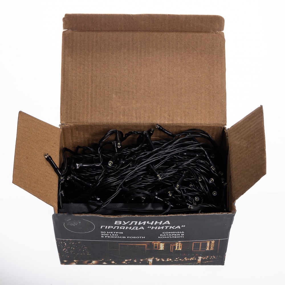 Новорічна гірлянда вулична 30 м 300 LED з сонячною батареєю чорний провід Білий SB300L30MBW