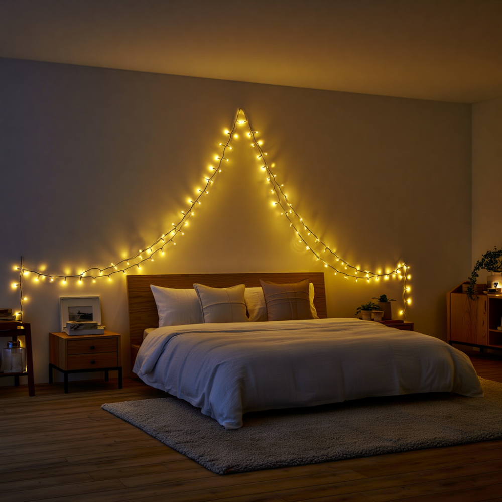 Новогодняя гирлянда комнатная нить 14 м 160 LED черный провод Желтый W160LED16MBY