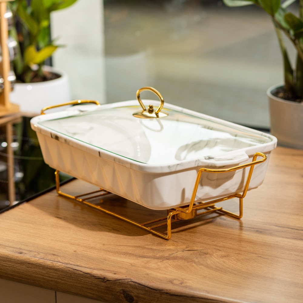 Настольная мармитница 2 литра прямоугольный фарфоровая 40х22.5х15.5 см на подставке Lugi HP1030