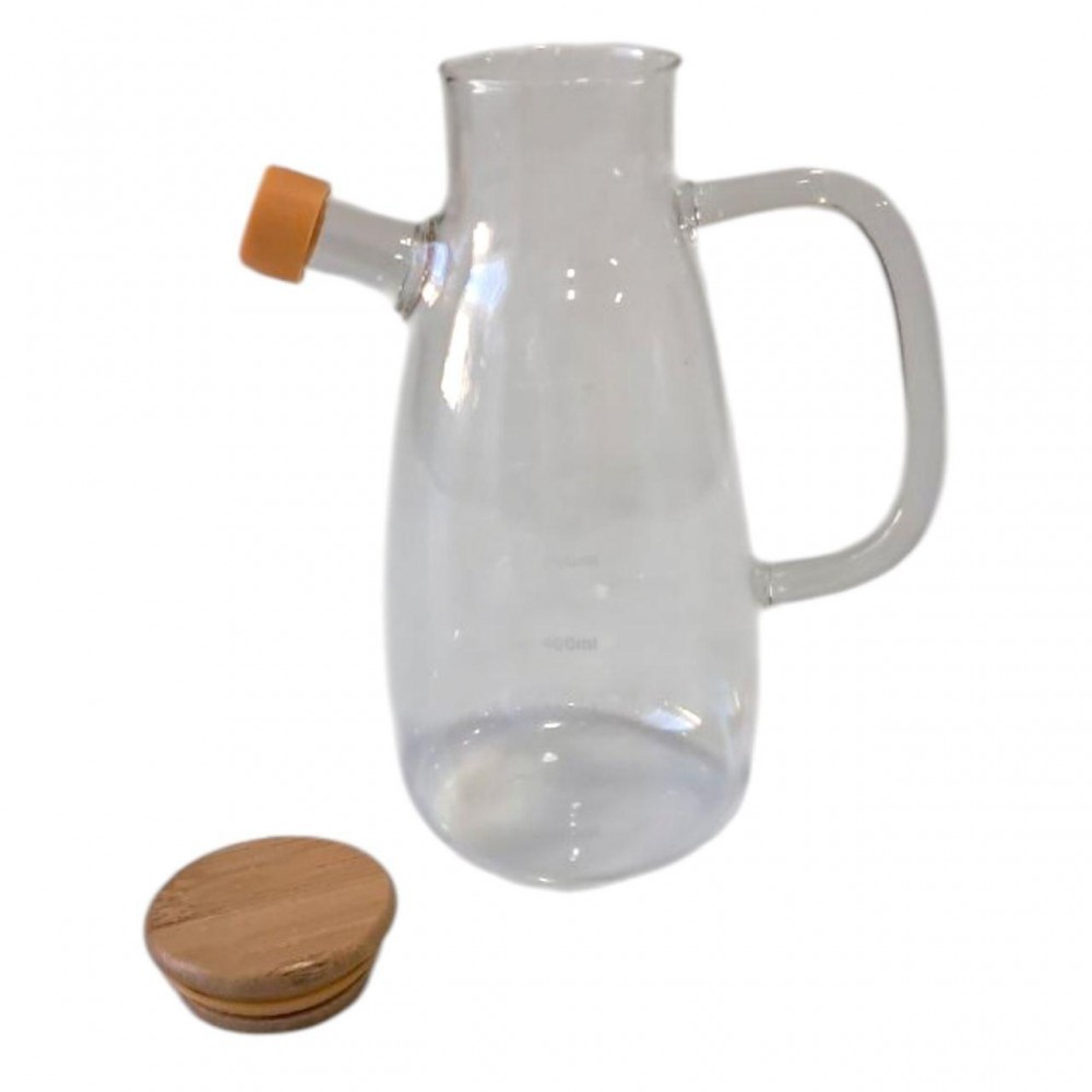 Стеклянная бутылка для масла и уксуса с носиком и дозатором 650 мл, деревянная крышка, квадратная ручка HP-34-1-650