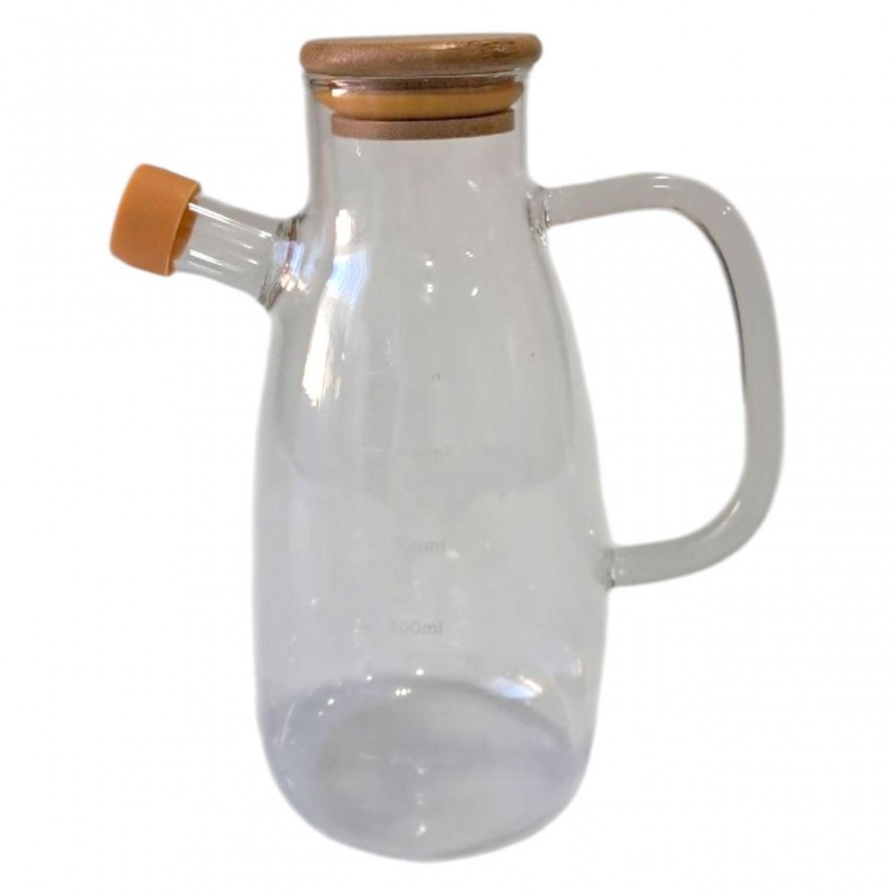 Стеклянная бутылка для масла и уксуса с носиком и дозатором 650 мл, деревянная крышка, квадратная ручка HP-34-1-650