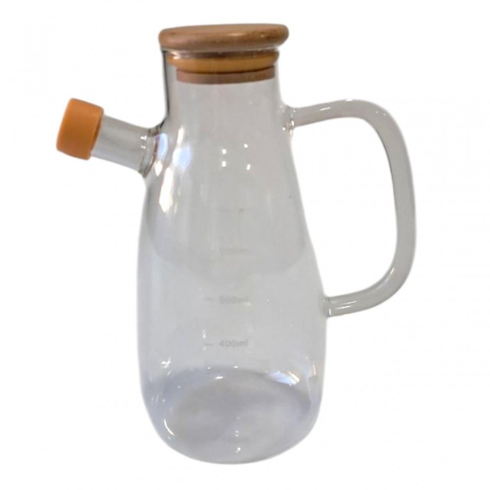 Стеклянная бутылка для масла и уксуса с носиком и дозатором 650 мл, деревянная крышка, квадратная ручка HP-34-1-650