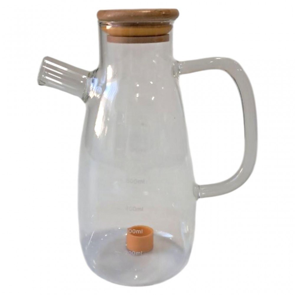 Стеклянная бутылка для масла и уксуса с носиком и дозатором 650 мл, деревянная крышка, квадратная ручка HP-34-1-650