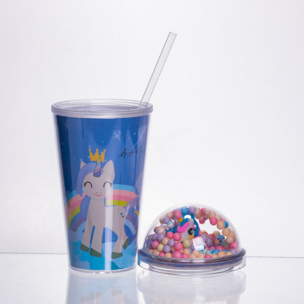 пластиковий стакан з трубочкою і кришкою 400 мл багаторазовий Синій HP-18-2BL