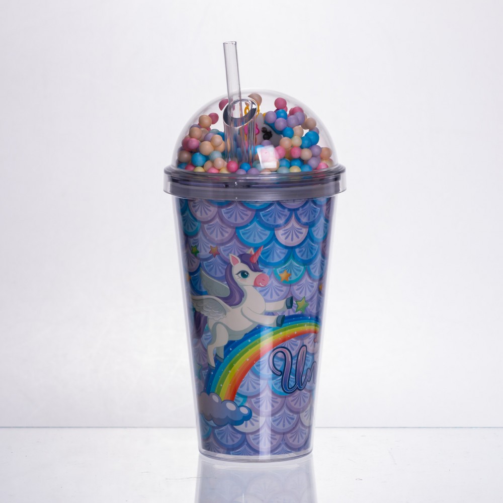 Пластиковый стакан с трубочкой и крышкой 400 мл многоразовый Голубой HP-18-2Y