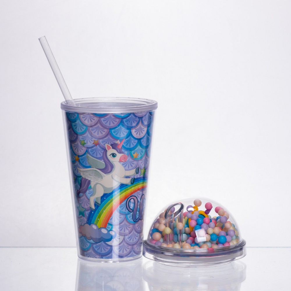 Пластиковый стакан с трубочкой и крышкой 400 мл многоразовый Голубой HP-18-2Y