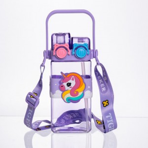 Бутылка для воды детская с трубочкой 550 мл с ручкой и ремешком 19 см Фиолетовый HP-18-3V