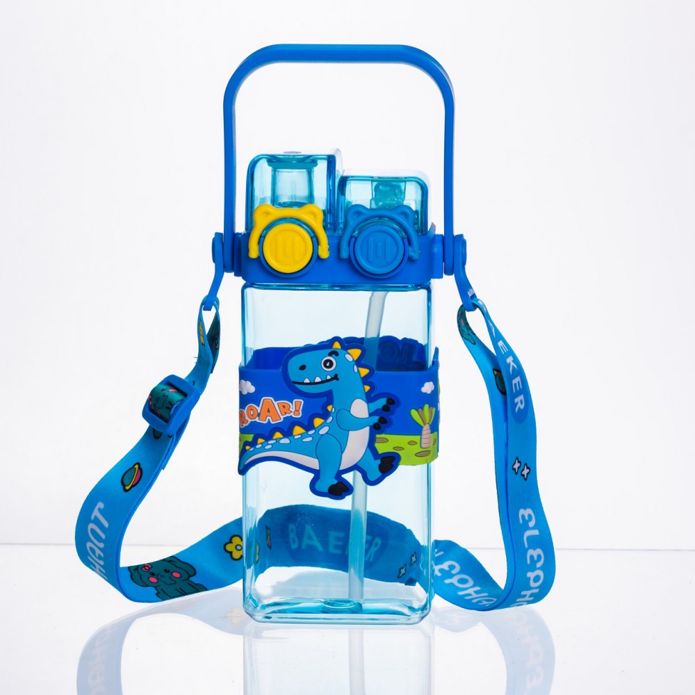 Пляшка для води дитяча з трубочкою 550 мл з ручкою та ремінцем 19 см Синій HP-18-3BL