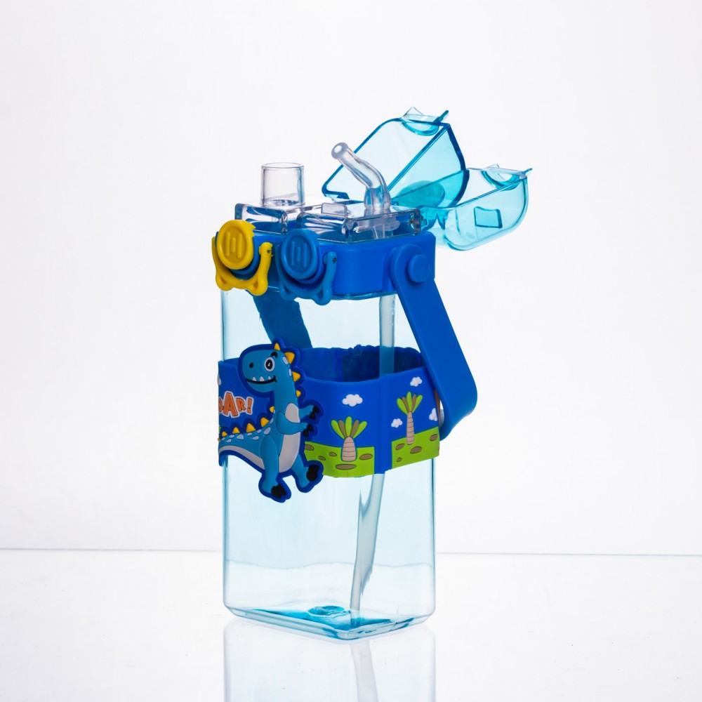 Пляшка для води дитяча з трубочкою 550 мл з ручкою та ремінцем 19 см Синій HP-18-3BL