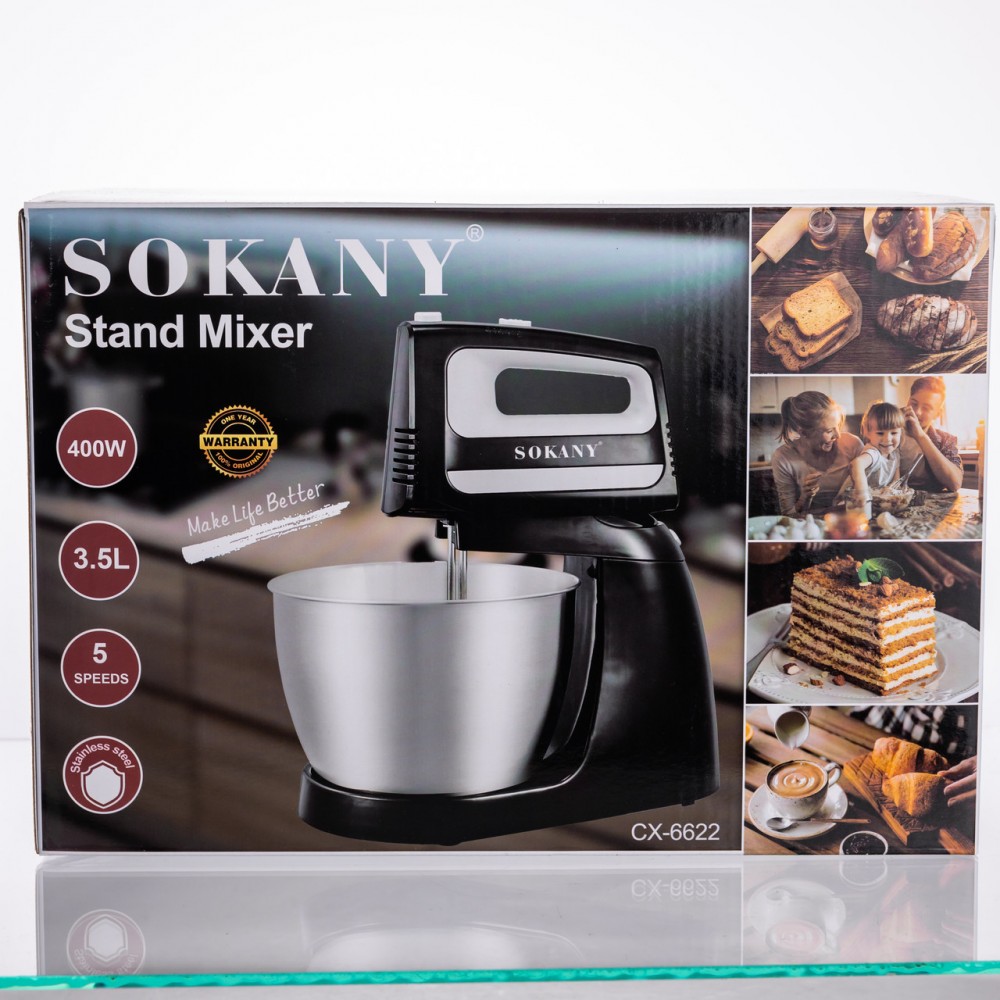 Стаціонарний міксер Sokany CX-6622 з чашею 3,5 л, 400 Вт, 5 швидкостей, 2 насадки Чорний