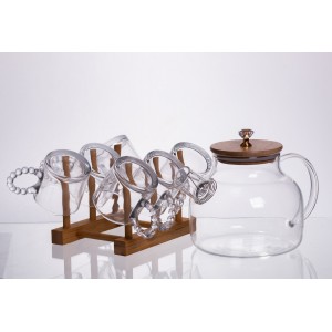 Чайный сервиз из толстого стекла 8 предметов с бамбуковой подставкой для чашек 64486-23