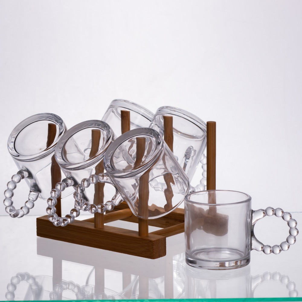 Чайний сервіз із товстого скла 8 предметів з бамбуковою підставкою для чашок 64486-23