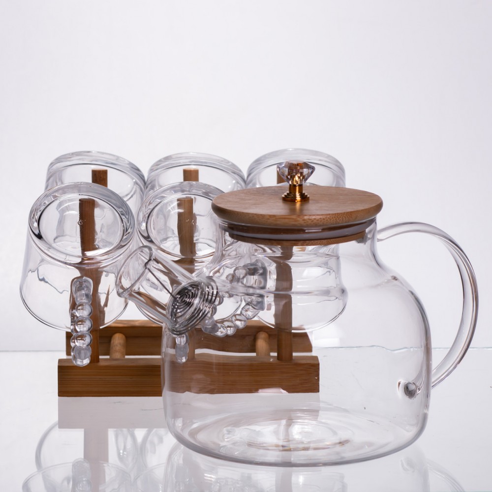 Чайний сервіз із товстого скла 8 предметів з бамбуковою підставкою для чашок 64486-23