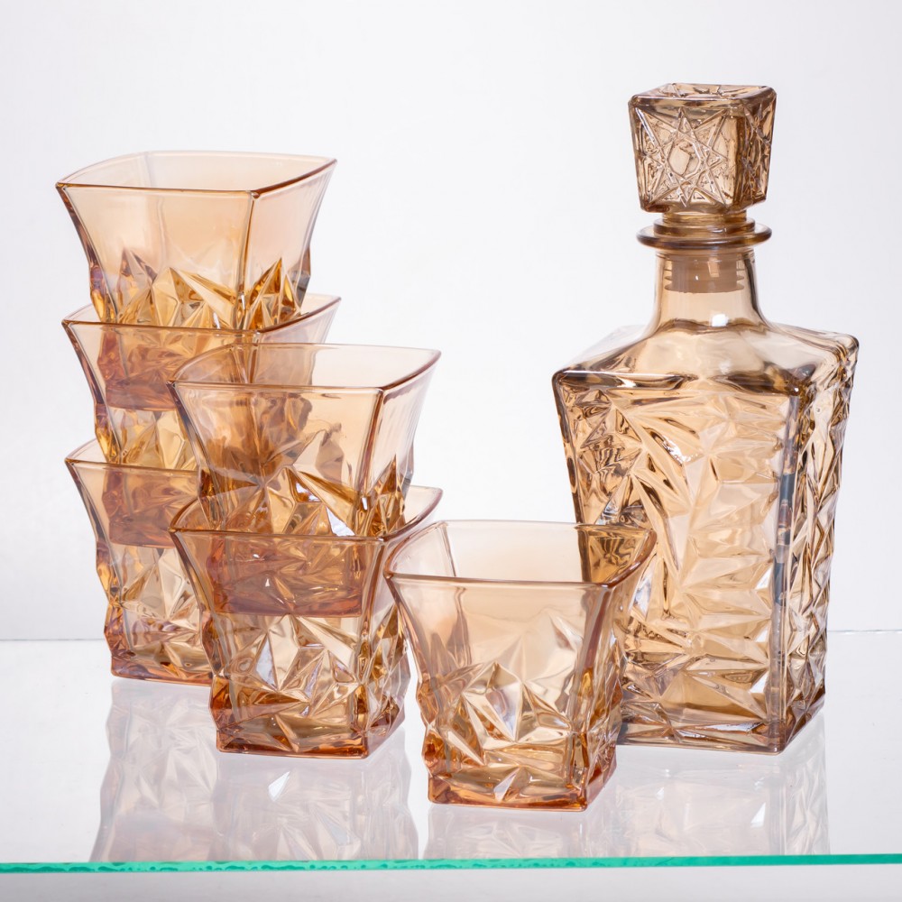 Набор для напитков графин и 6 стаканов для напитков из толстого стекла коричневый 64486-25