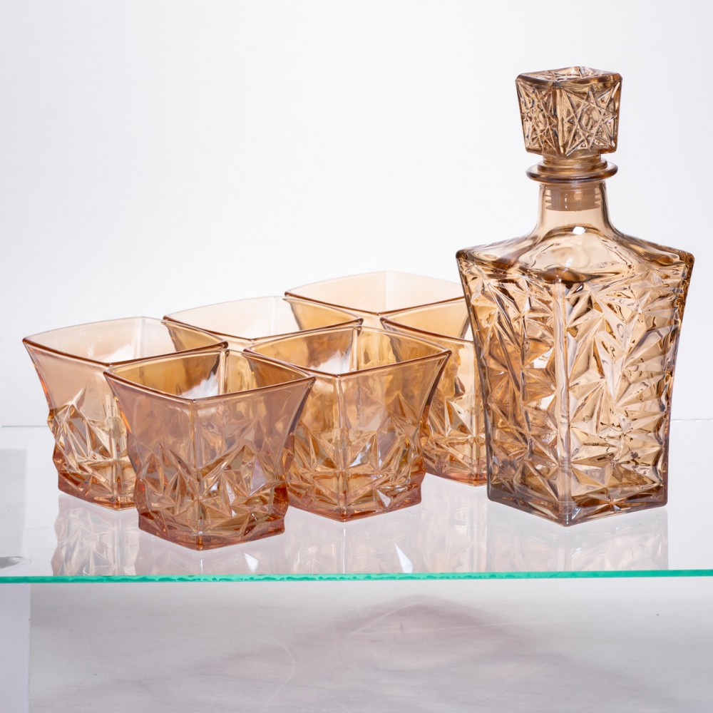 Набор для напитков графин и 6 стаканов для напитков из толстого стекла коричневый 64486-25