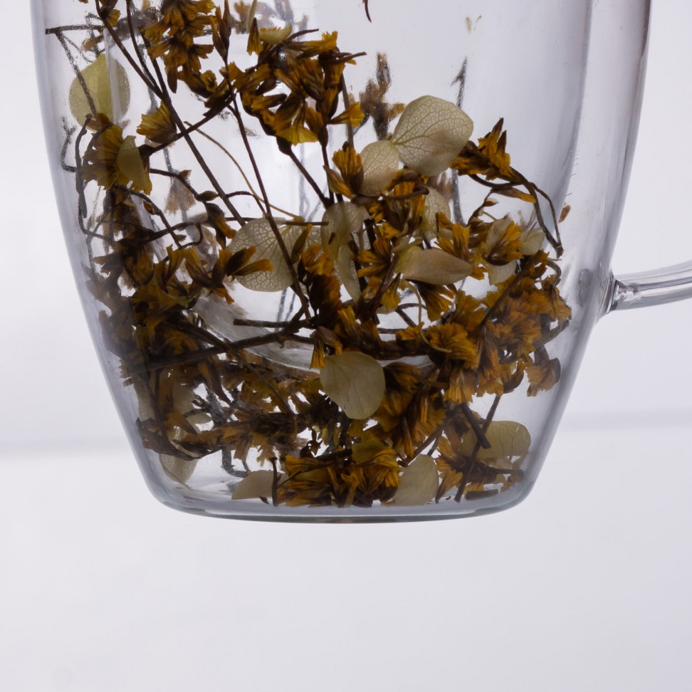 Чашка стеклянная с двойными стенками, чашка из термостойкого стекла з декором желтых сухоцветов 350 мл 64486-43