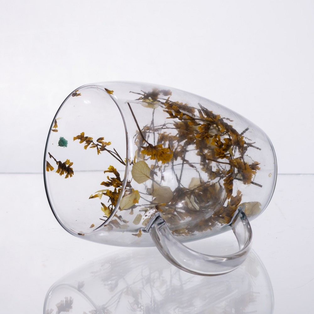 Чашка стеклянная с двойными стенками, чашка из термостойкого стекла з декором желтых сухоцветов 350 мл 64486-43