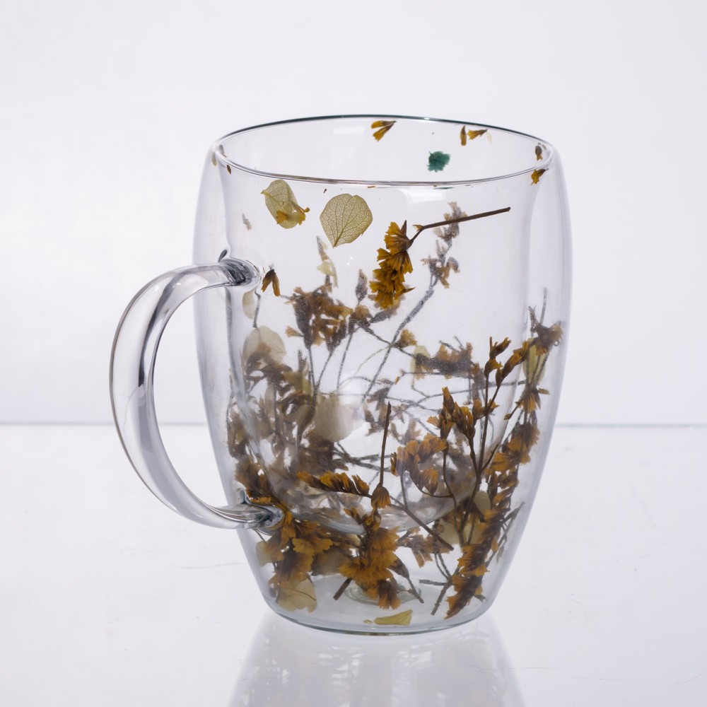 Чашка стеклянная с двойными стенками, чашка из термостойкого стекла з декором желтых сухоцветов 350 мл 64486-43