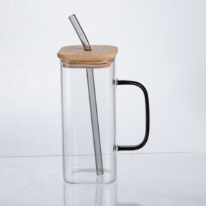 Чашка стеклянная 400 мл с бамбуковой крышкой и стеклянной трубочкой HP-19-146