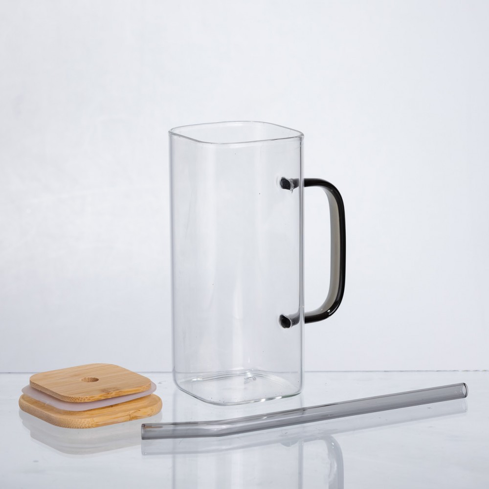 Чашка скляна 400 мл з бамбуковою кришкою та скляною трубочкою HP-19-146