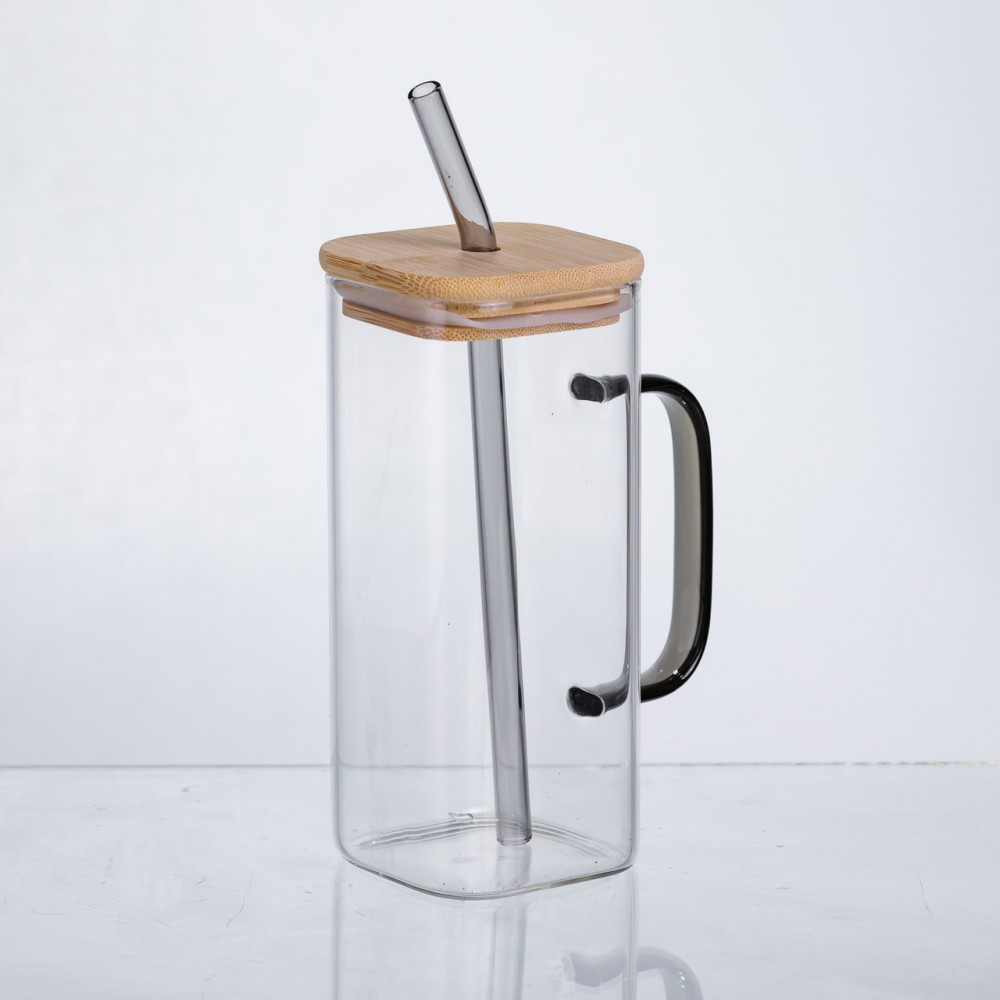 Чашка скляна 400 мл з бамбуковою кришкою та скляною трубочкою HP-19-146