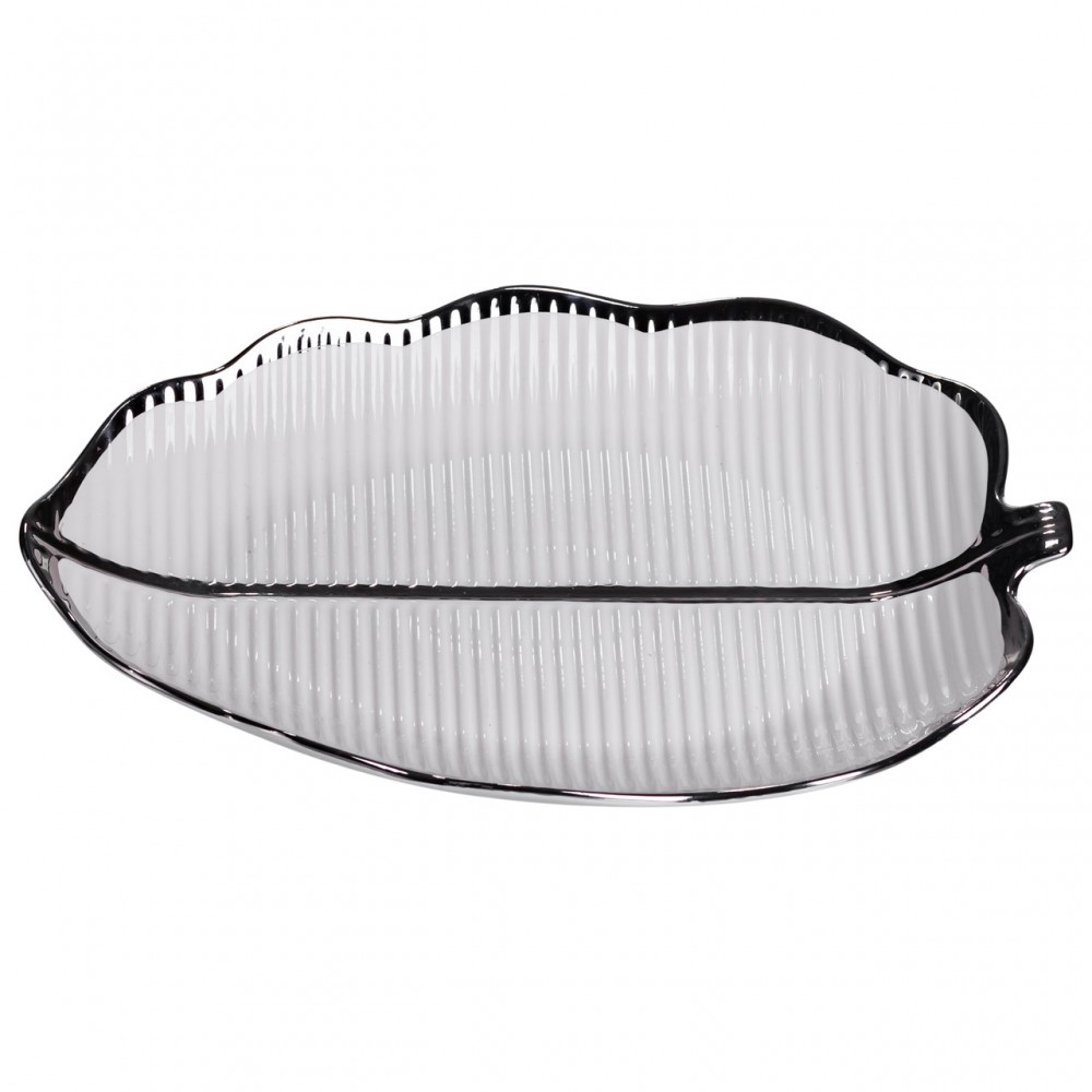 Порцелянове блюдо для сервірування столу у формі листа 31×20×3 (см) Срібло ML6047