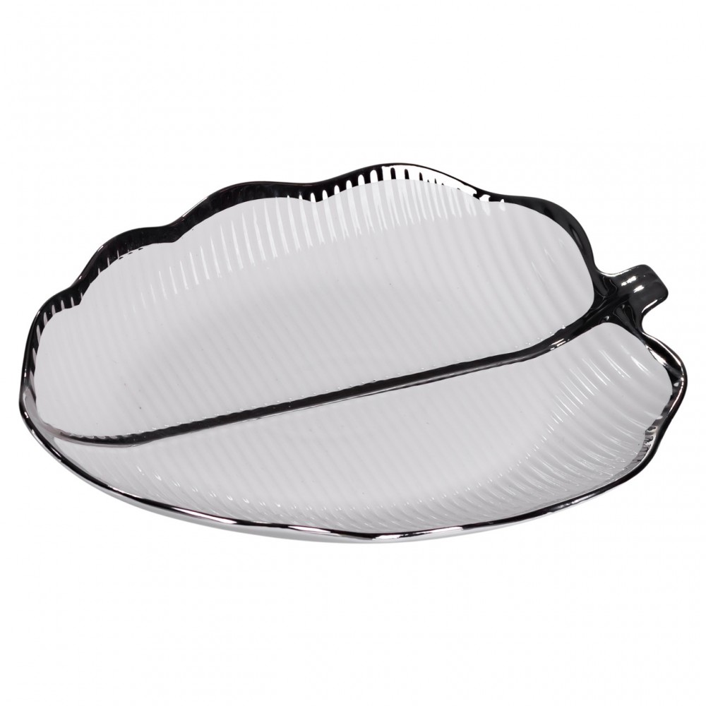 Порцелянове блюдо для сервірування столу у формі листа 31×20×3 (см) Срібло ML6047