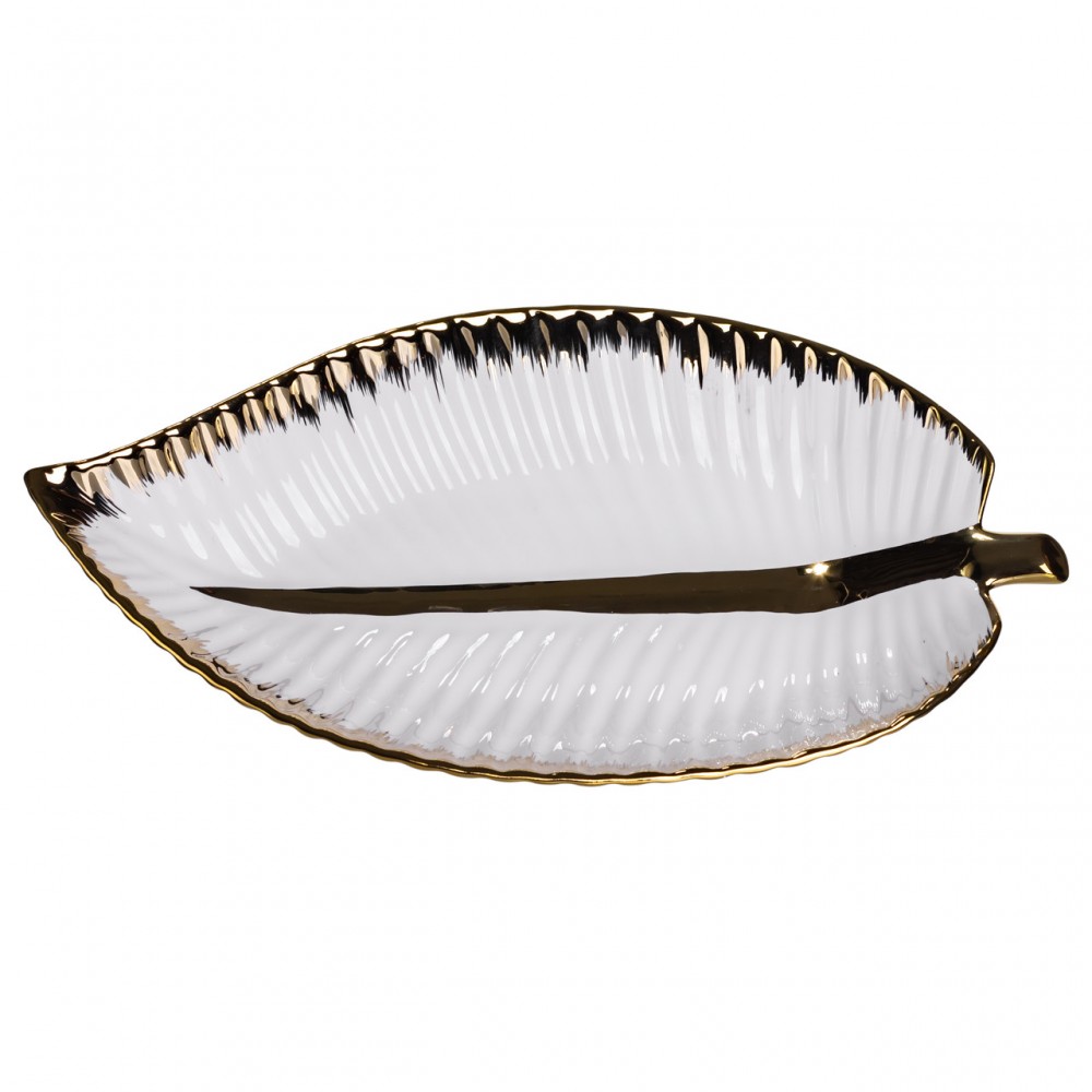 Фарфоровое блюдо для сервировки стола в форме листа 35×18.5×5 (см) блюдо для подачи закусок Золото WH045