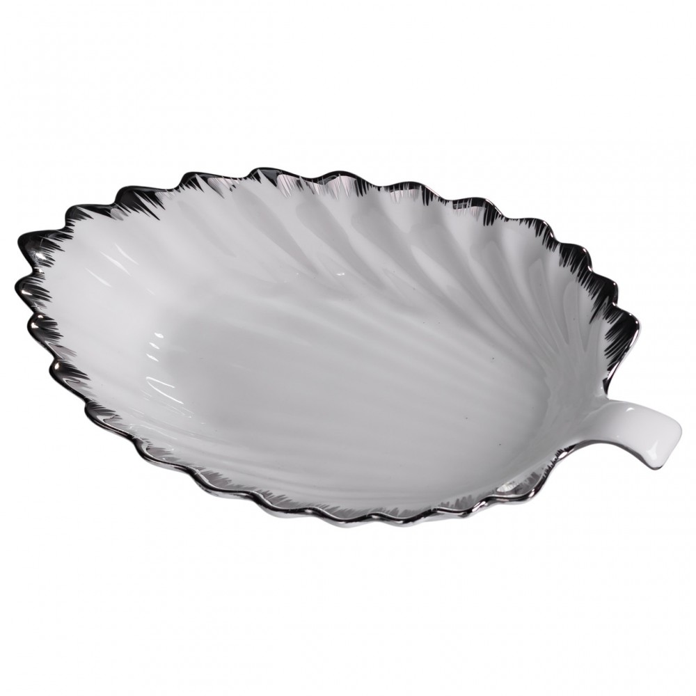 Порцелянова страва для сервірування стола у формі листя 37×18×5 (см) блюдо для подавання закусок Білий зі сріблом 2552-1S